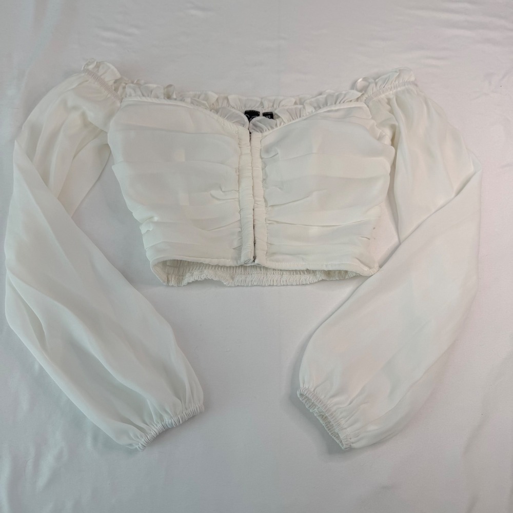 Windsor White Off The Shoulder Smocked Crop Top Chiffon Peasant Sleeve XS